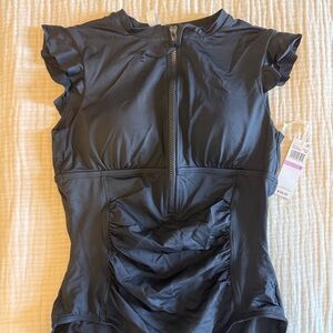 Anne Cole Black Ruffled Zip-Up One Piece Swim Suit